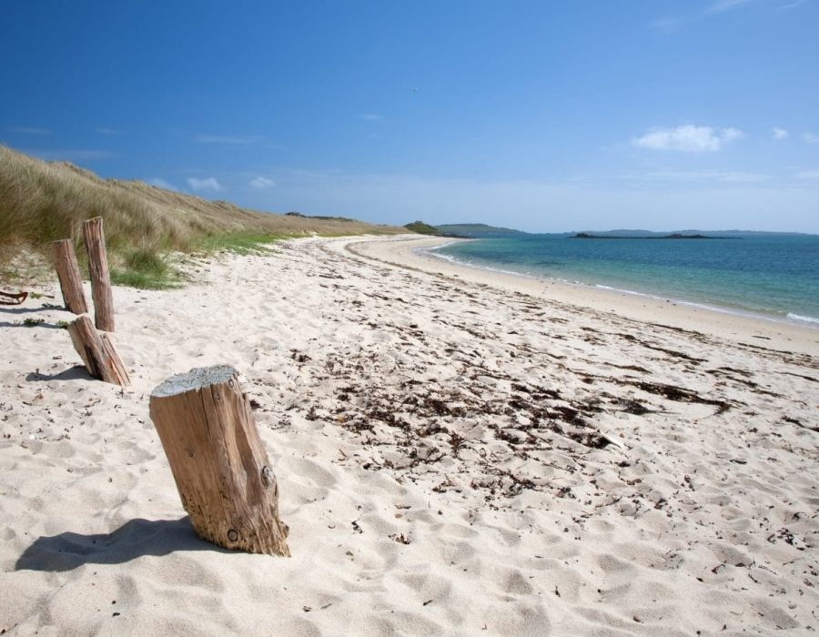 White sandy beach at Appletree Bay, Tresco, Isles of Scilly, Cornwall, England.